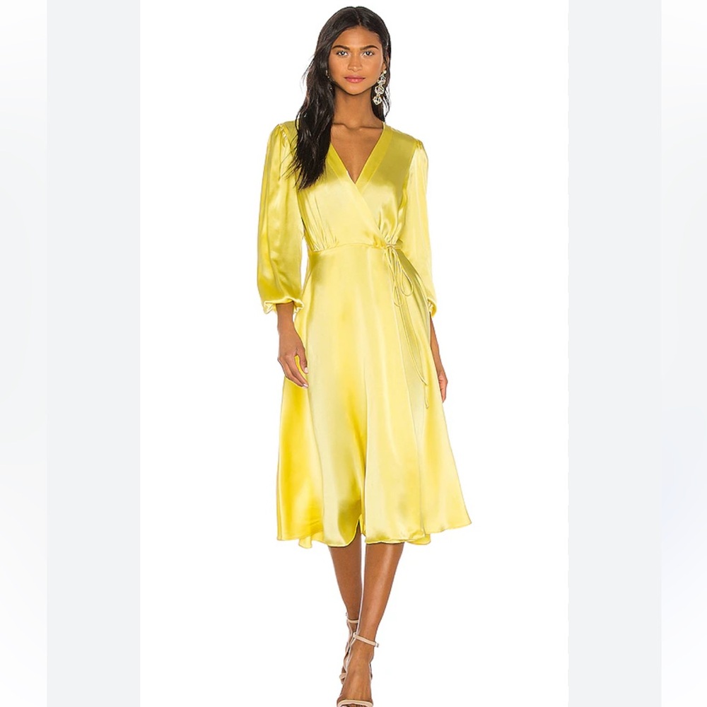 NWT Nonchalant The Label 100% Silk Yellow Wrap Midi Dress XS